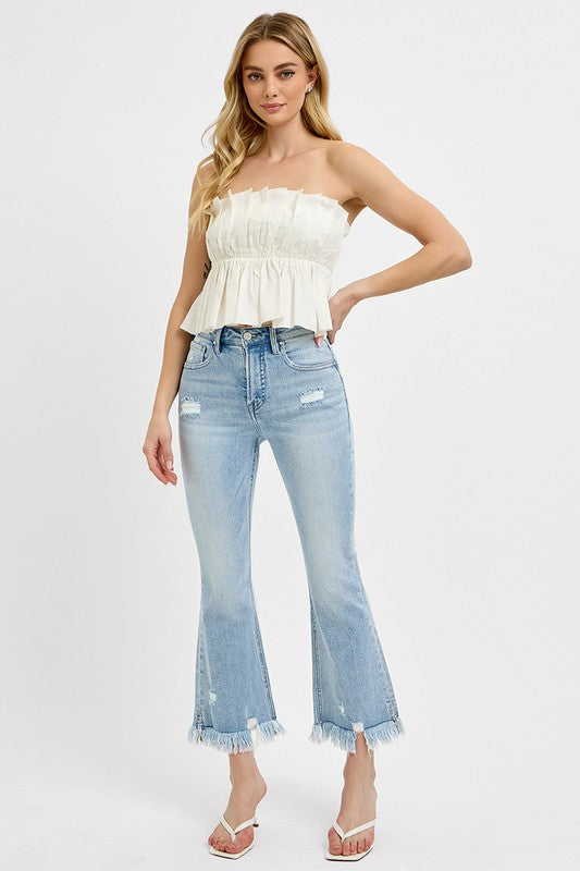 Raw Hem Distressed Cropped Flare Jeans Plus-Size