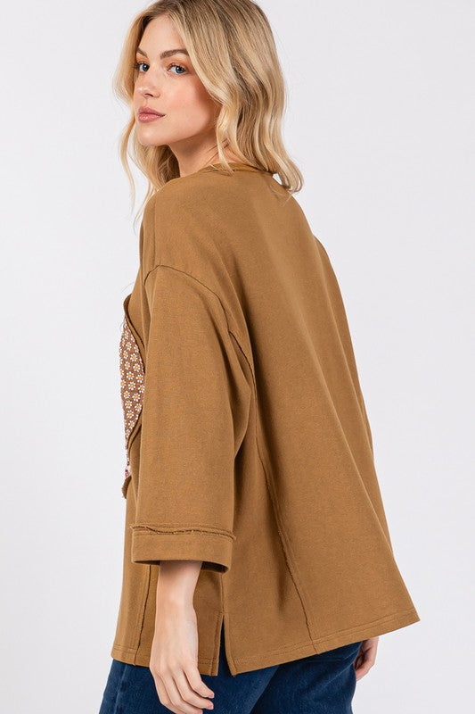 Floral Peace Patch Round Neck Top