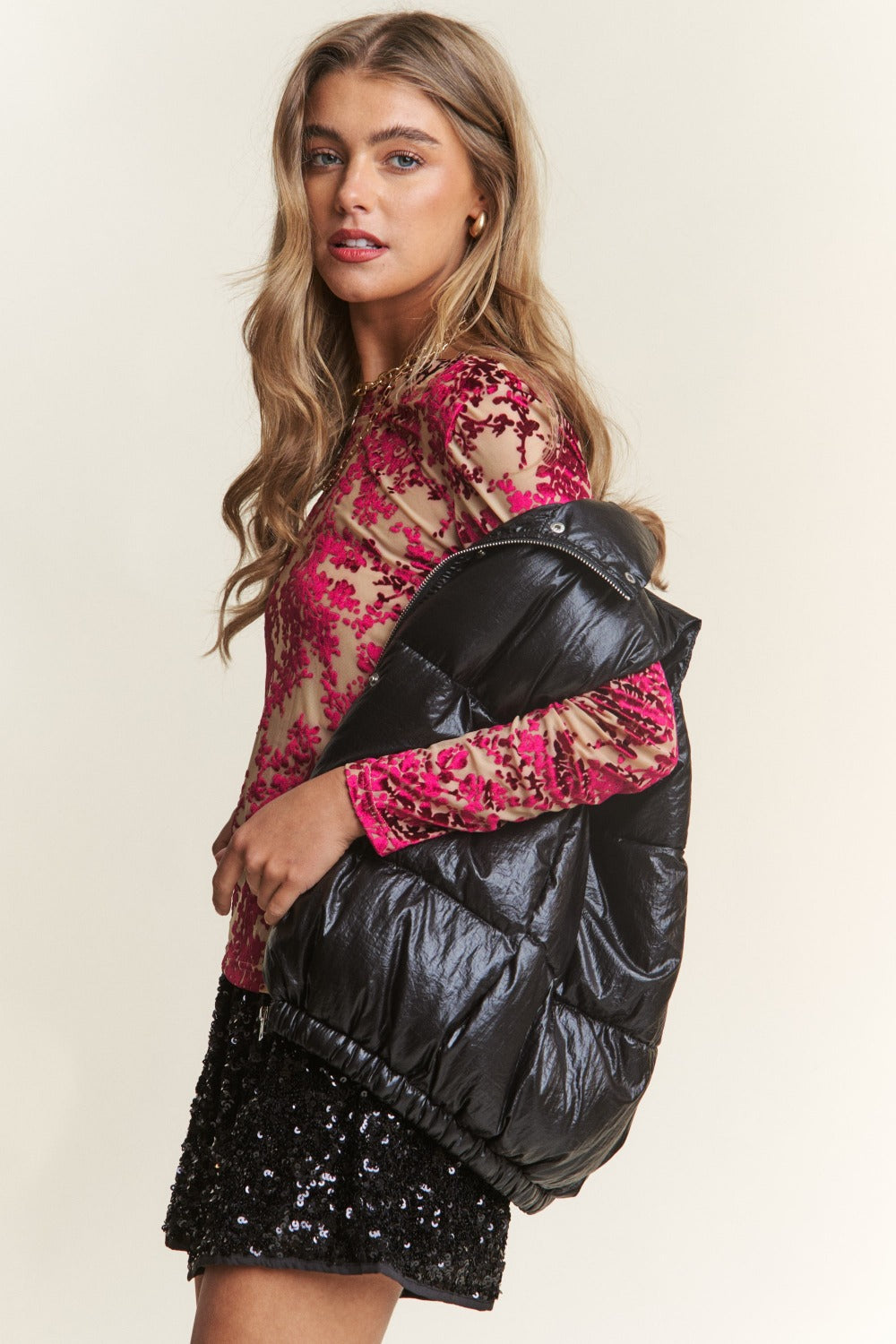 Snap and Zipper Metallic Puffer Vest