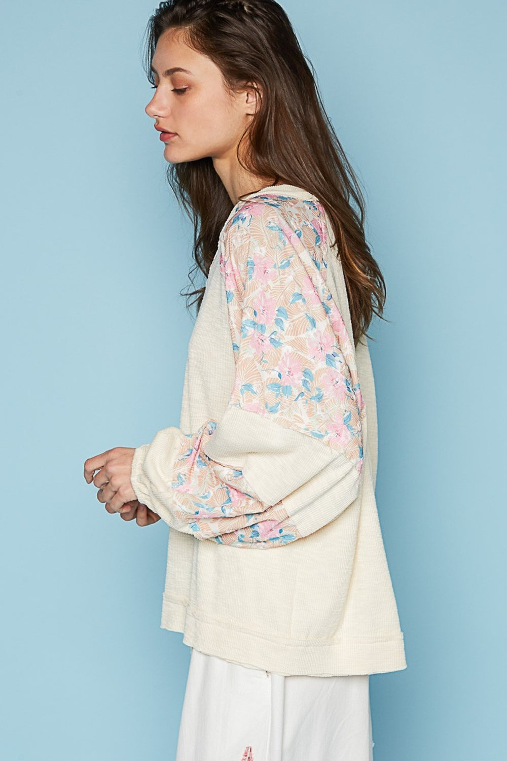 Round Neck Balloon Floral Long Sleeve Top