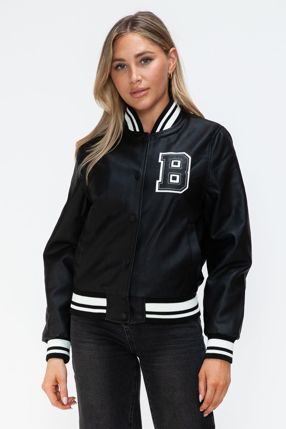 PU Leather Contrast Snap Down Bomber Jacket