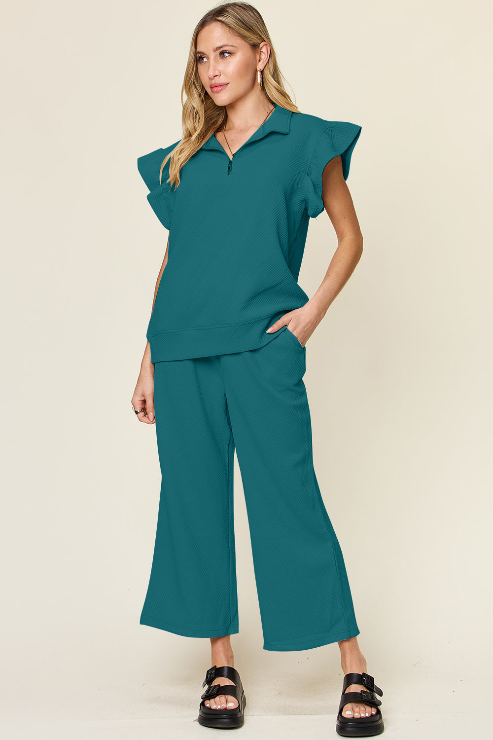Textured Ruffle Short Sleeve Top and Drawstring Wide Leg Pants Set