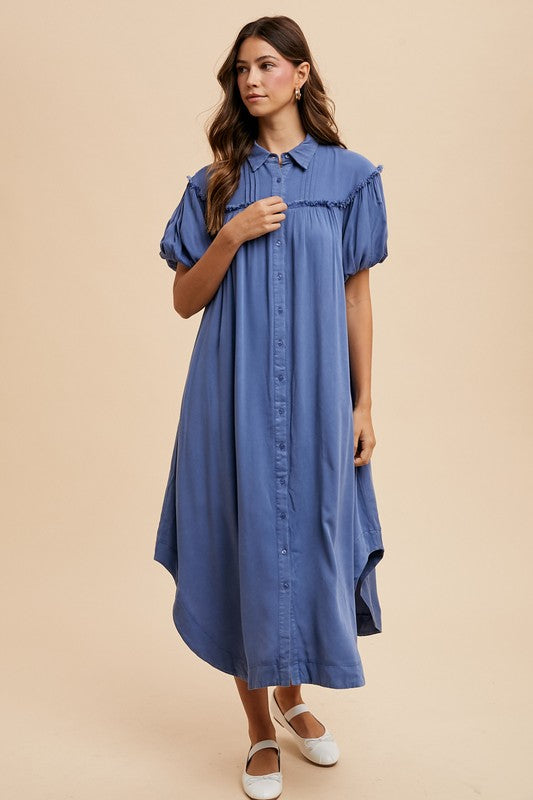 Mineral Washed Button Down Puff Sleeve Shirt Dress