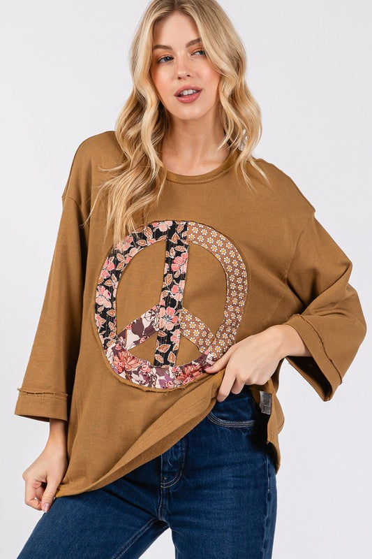 Floral Peace Patch Round Neck Top