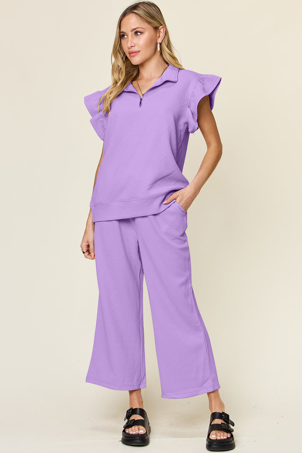 Textured Ruffle Short Sleeve Top and Drawstring Wide Leg Pants Set