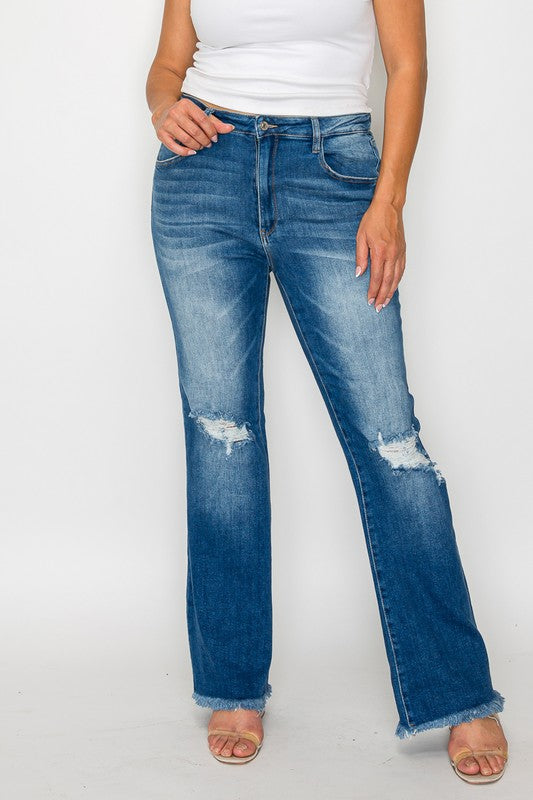 Raw Hem Distressed High Rise Bootcut Jeans