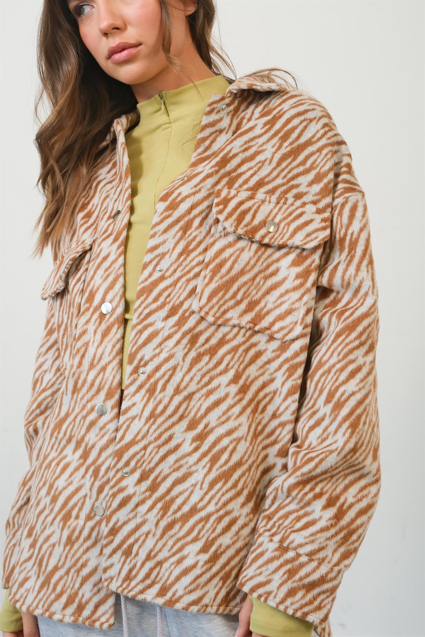 Zebra Print Snap Down Long Sleeve"Shacket" Shirt Jacket