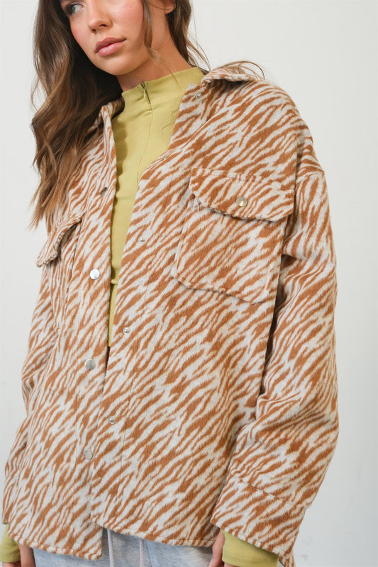 Zebra Print Snap Down Long Sleeve"Shacket" Shirt Jacket
