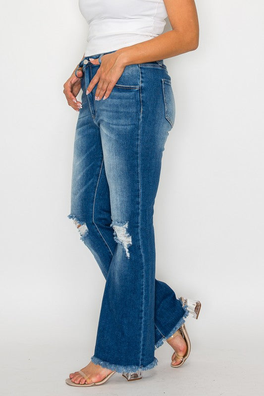 Raw Hem Distressed High Rise Bootcut Jeans