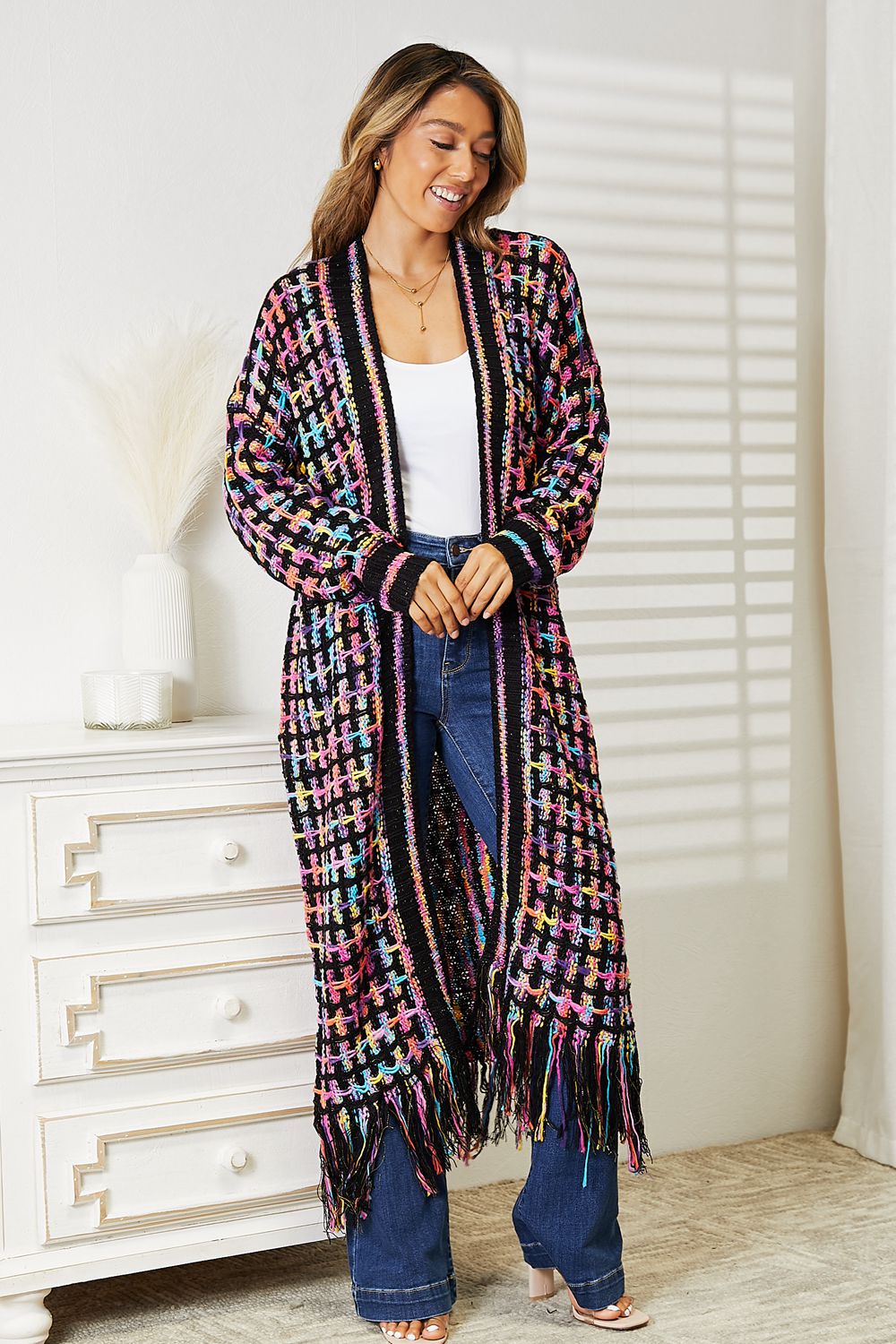 Multicolor Open Front Fringe Hem Cardigan