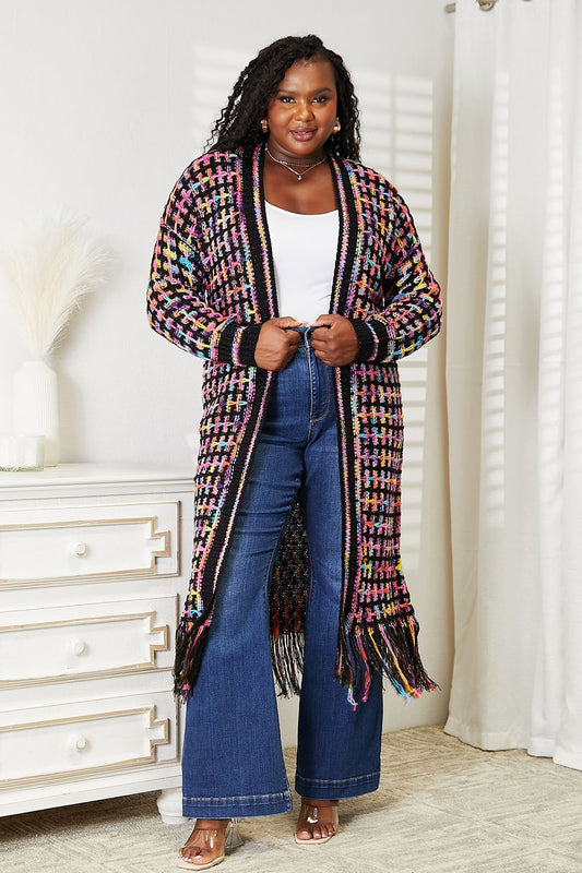 Multicolor Open Front Fringe Hem Cardigan