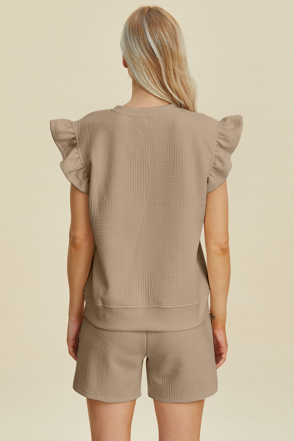 Textured Round Neck Ruffle Sleeve Top and Shorts Set