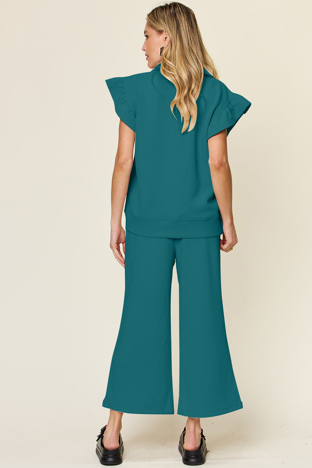 Textured Ruffle Short Sleeve Top and Drawstring Wide Leg Pants Set