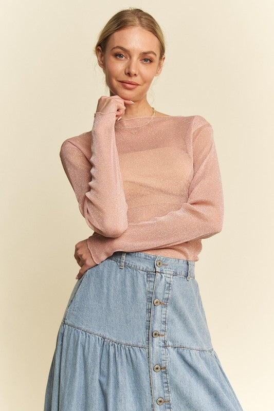 Glitter Mesh Lettuce Hem Long Sleeve Top