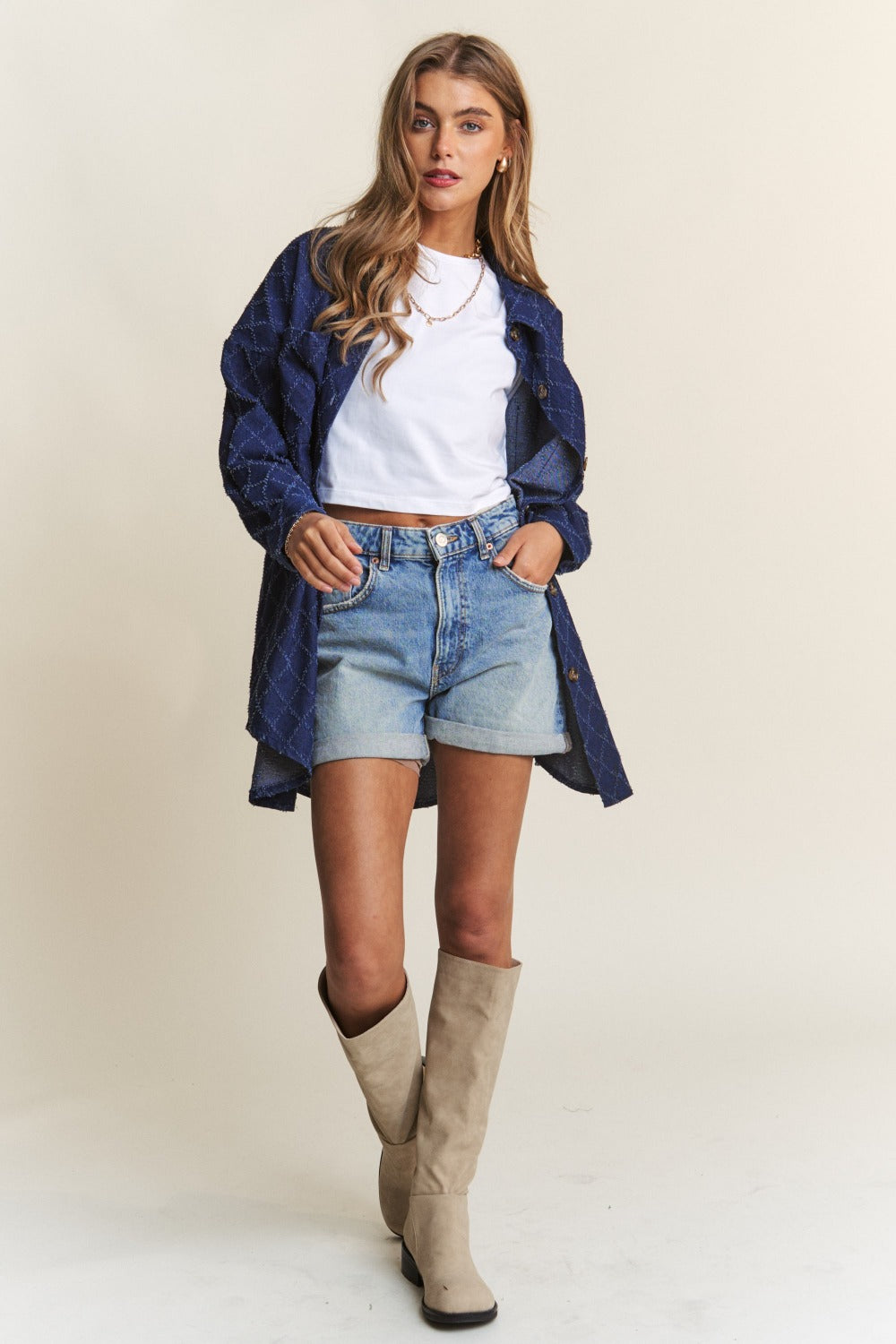 Rhombus Stitched Button Up Denim"Shacket" Shirt Jacket