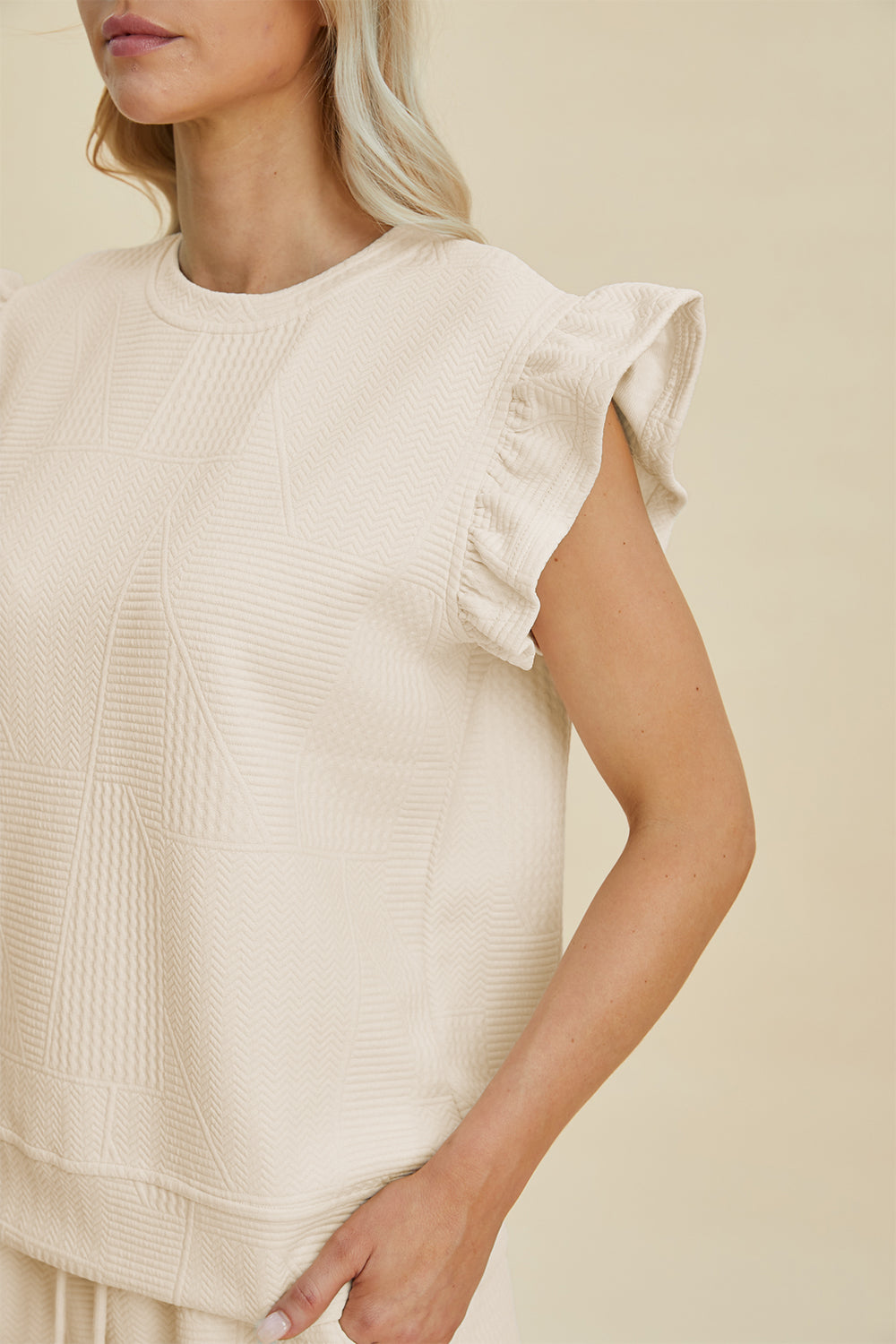 Textured Round Neck Ruffle Sleeve Top and Shorts Set