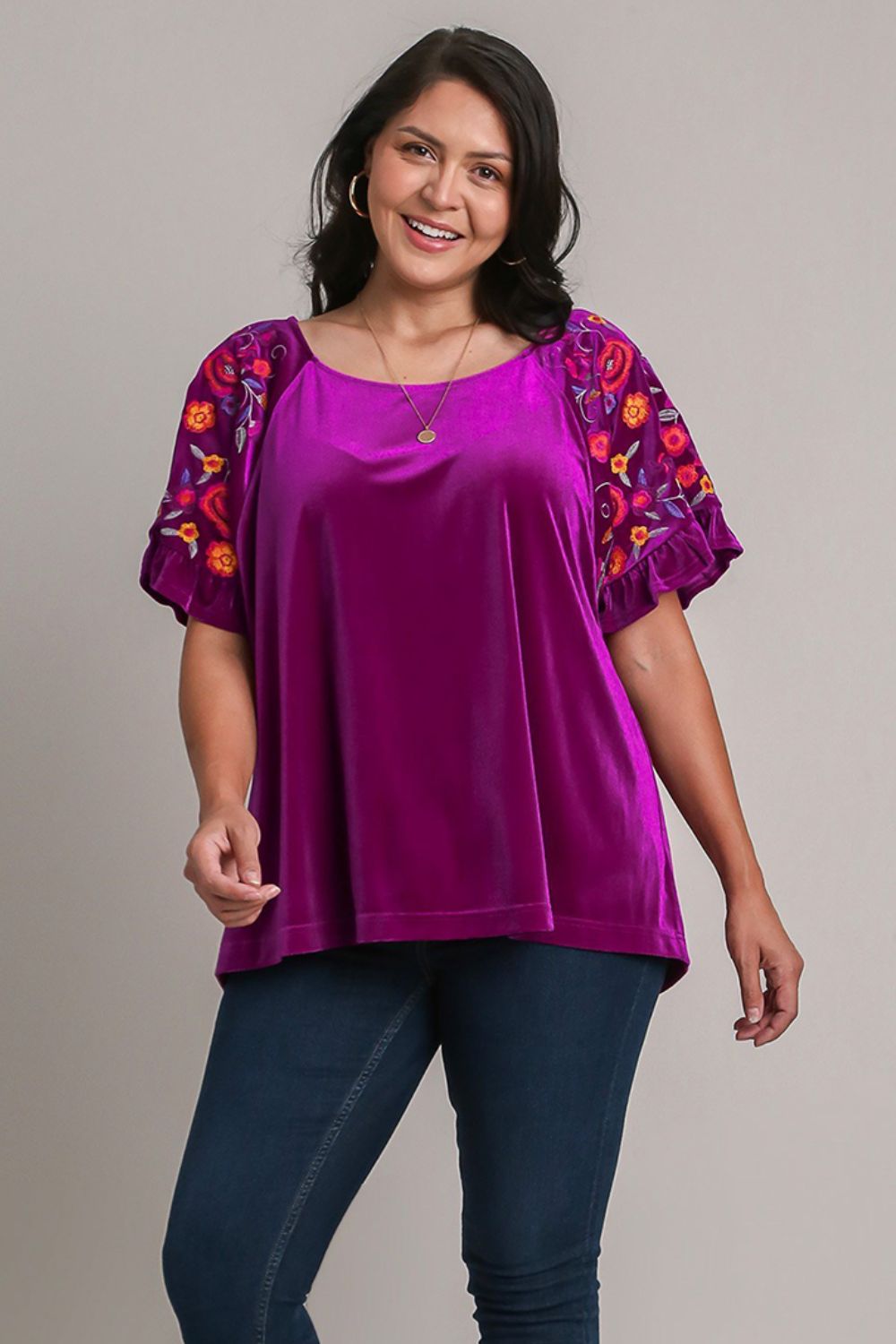 Velvet Embroidery Short Sleeve Blouse