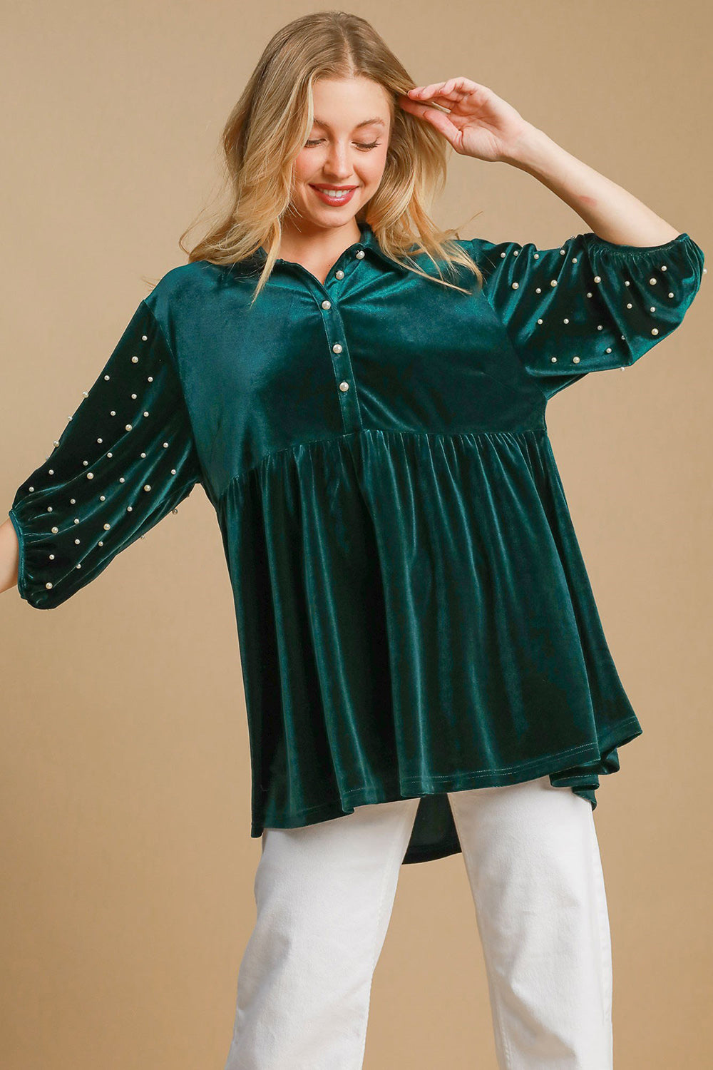Pearl Detail Half Sleeve Velvet Babydoll Blouse