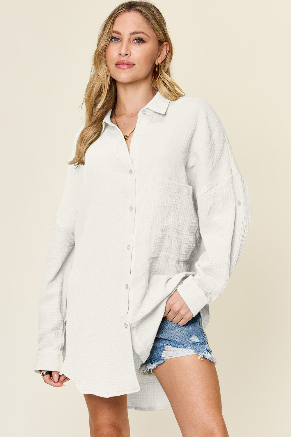 Pocketed Textured Button Up Shirt