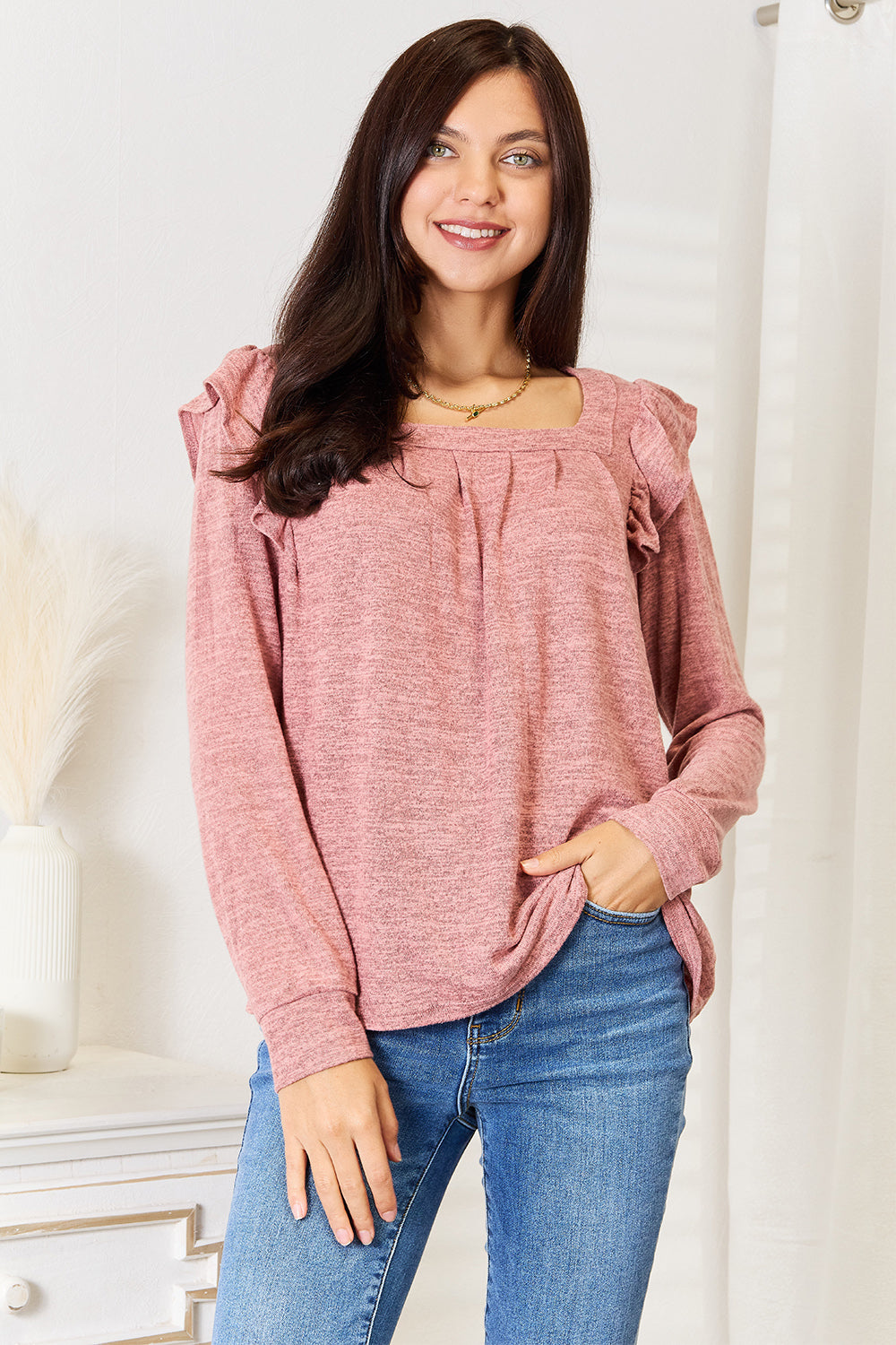Square Neck Ruffle Shoulder Long Sleeve Tops