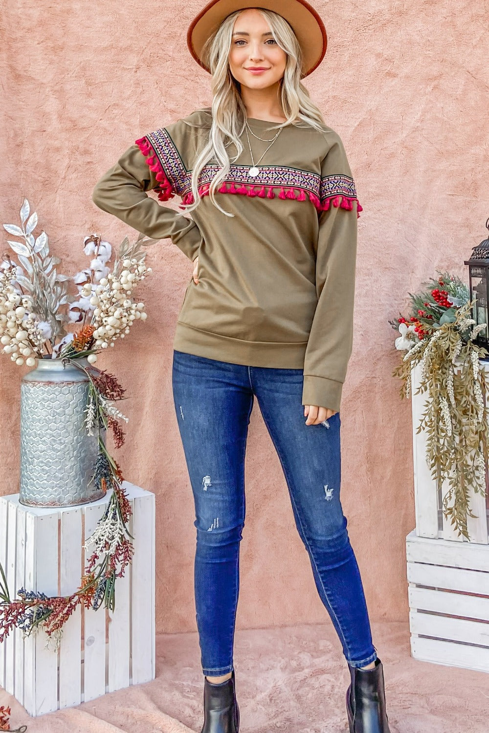 Tassel Trim Long Sleeve Tops