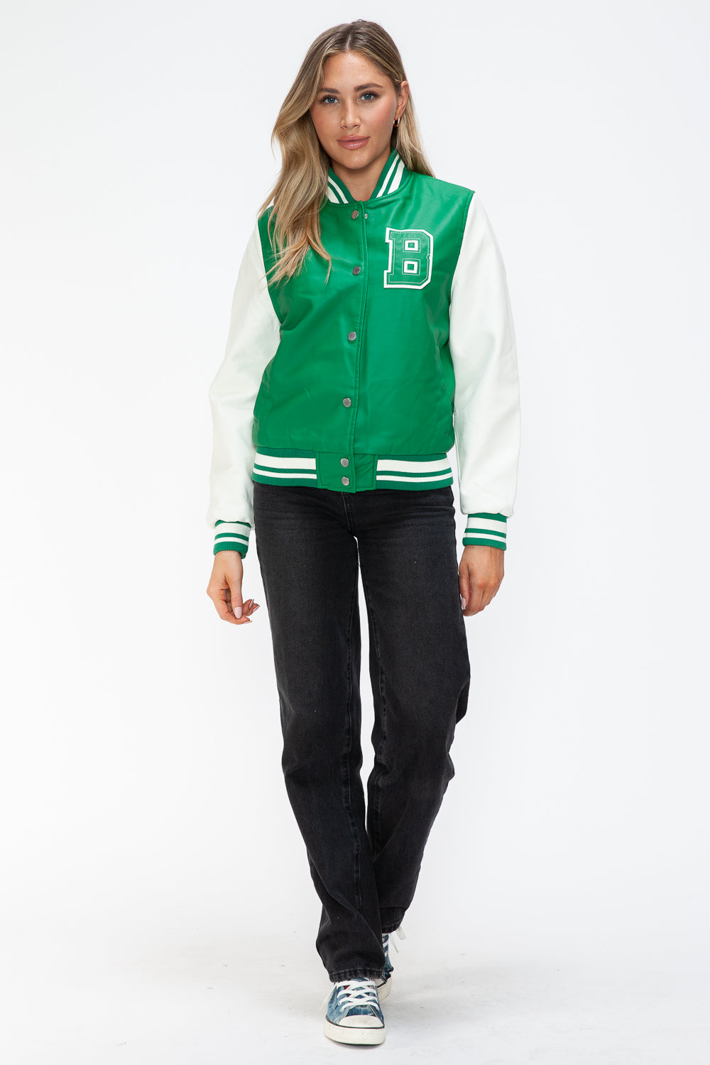 PU Leather Contrast Snap Down Bomber Jacket