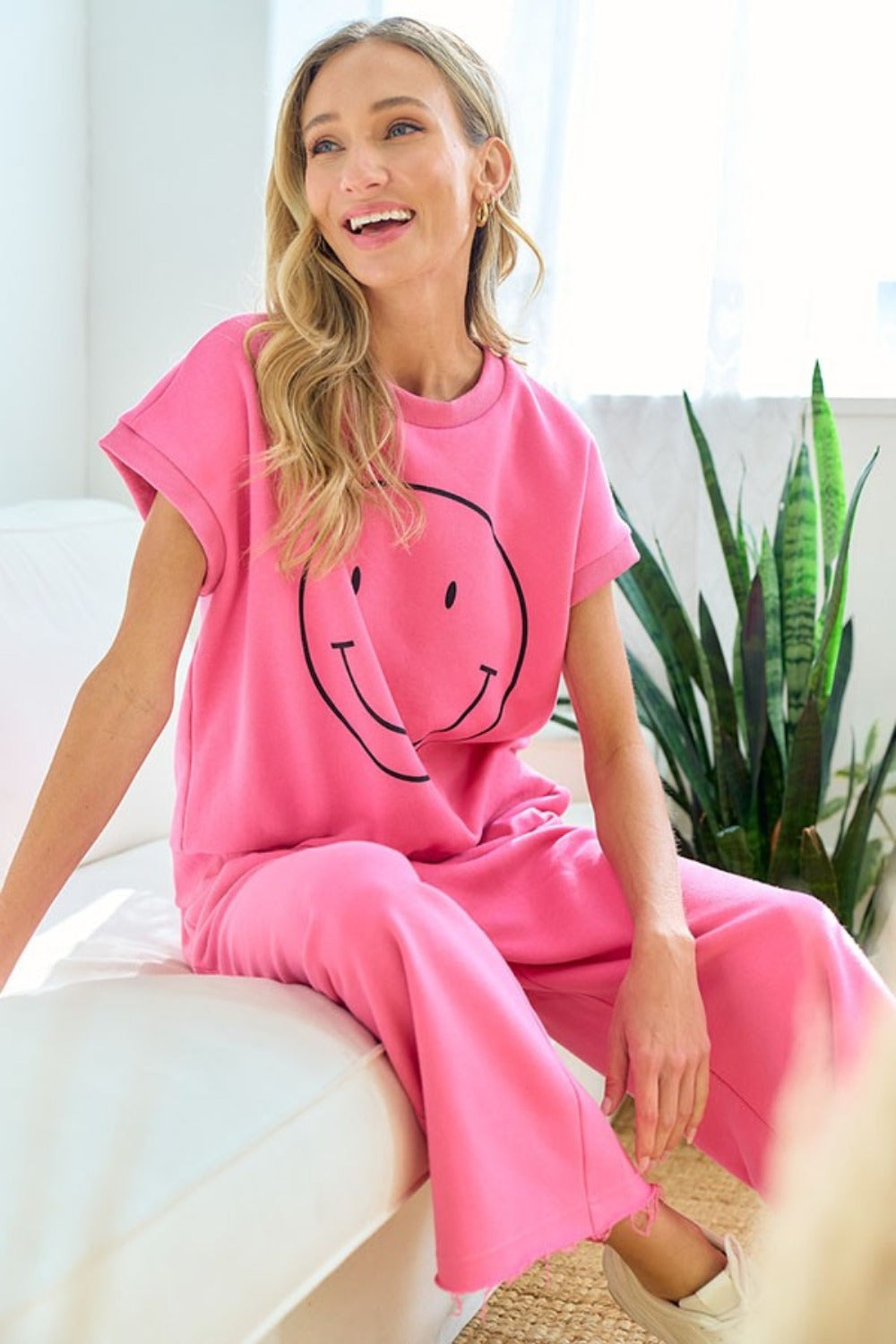 Smiley Face Drop Shoulder Brushed Inside T-Shirt