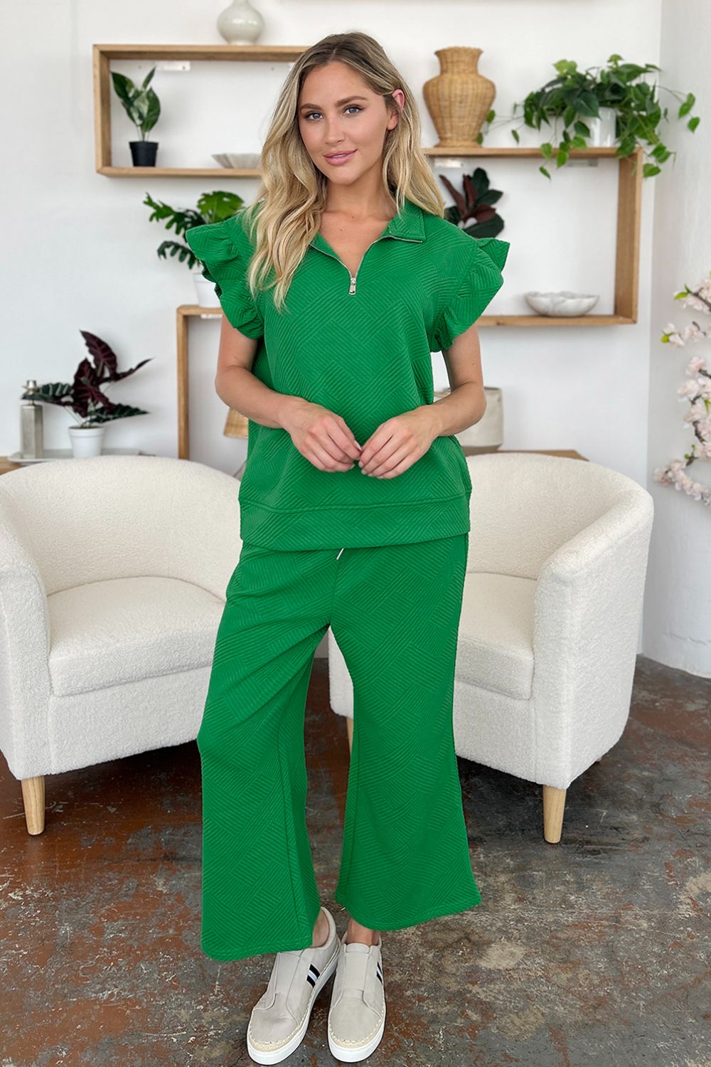 Textured Ruffle Short Sleeve Top and Drawstring Wide Leg Pants Set