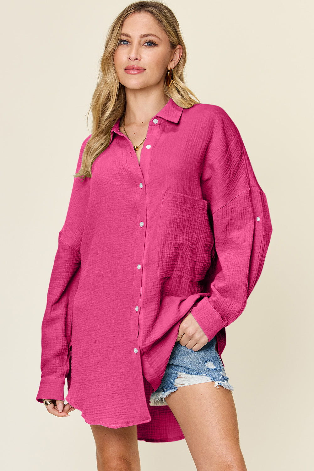 Pocketed Textured Button Up Shirt
