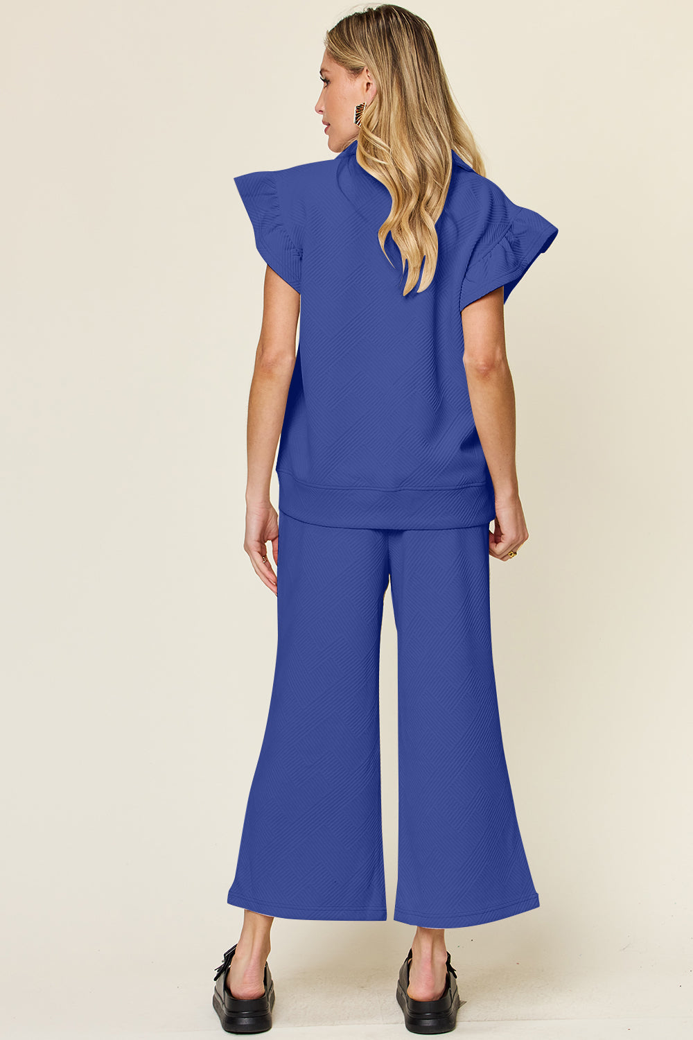 Textured Ruffle Short Sleeve Top and Drawstring Wide Leg Pants Set