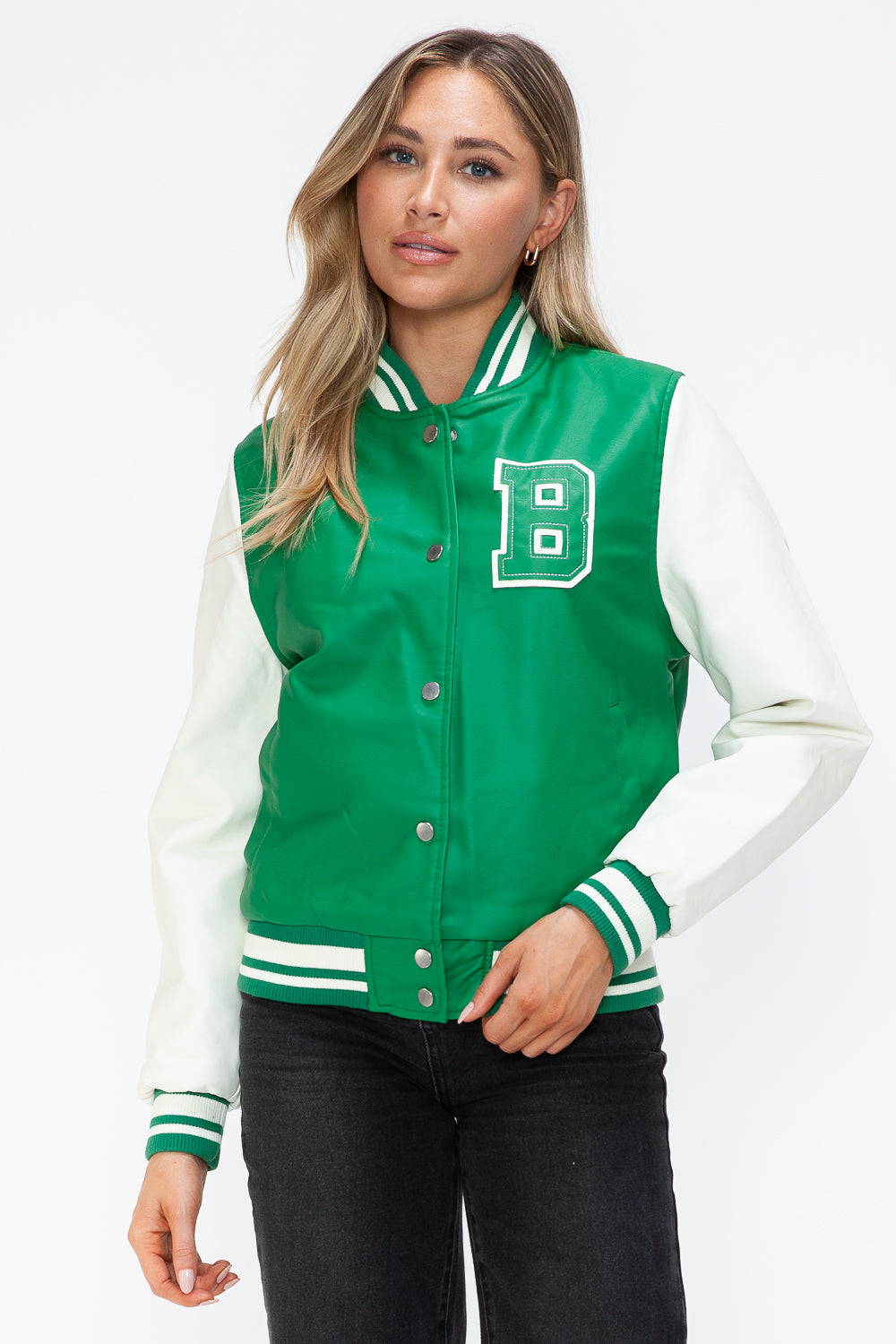 PU Leather Contrast Snap Down Bomber Jacket