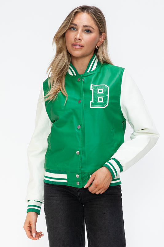 PU Leather Contrast Snap Down Bomber Jacket