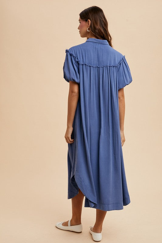 Mineral Washed Button Down Puff Sleeve Shirt Dress