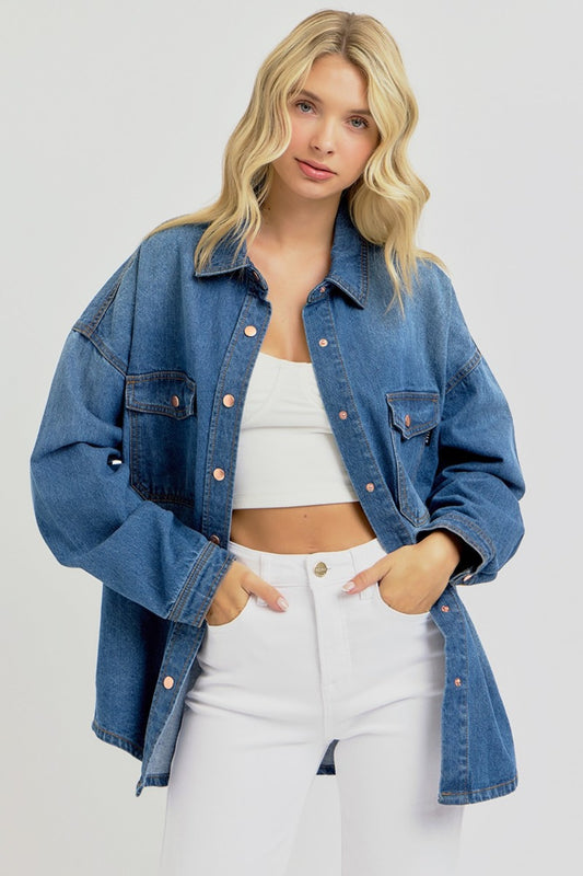 Snap Down Long Sleeve Denim"Shacket" Shirt Jacket