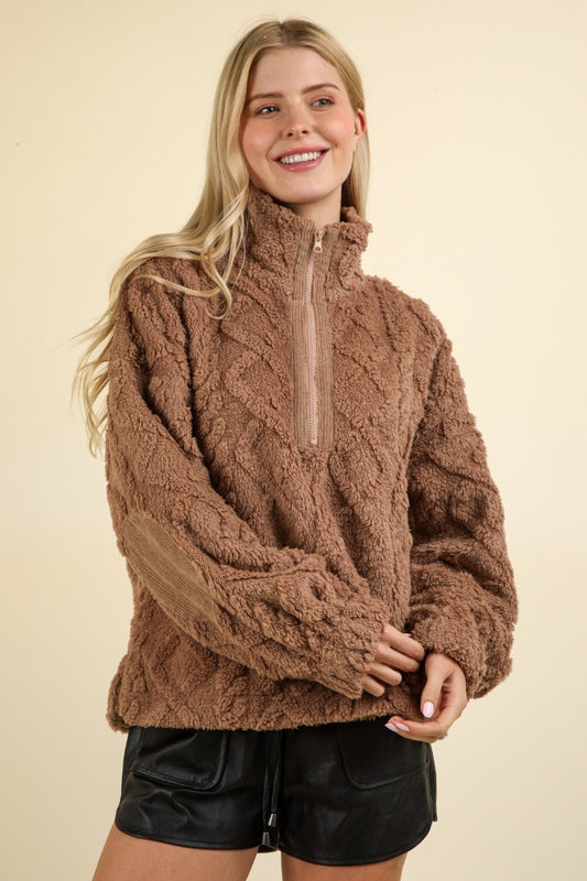 Fuzzy Fleece Half Zip Cable  Sweatshirt