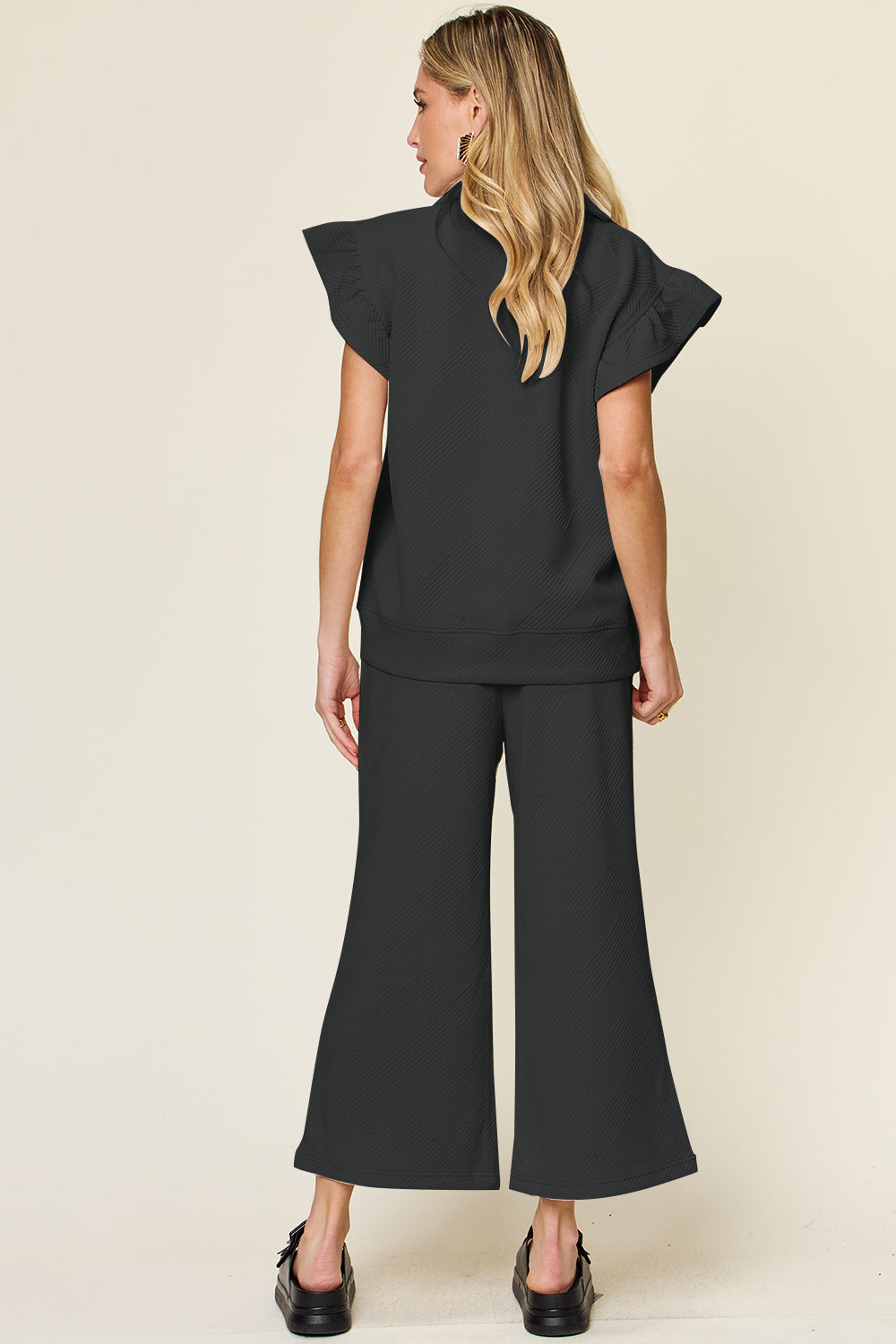 Textured Ruffle Short Sleeve Top and Drawstring Wide Leg Pants Set