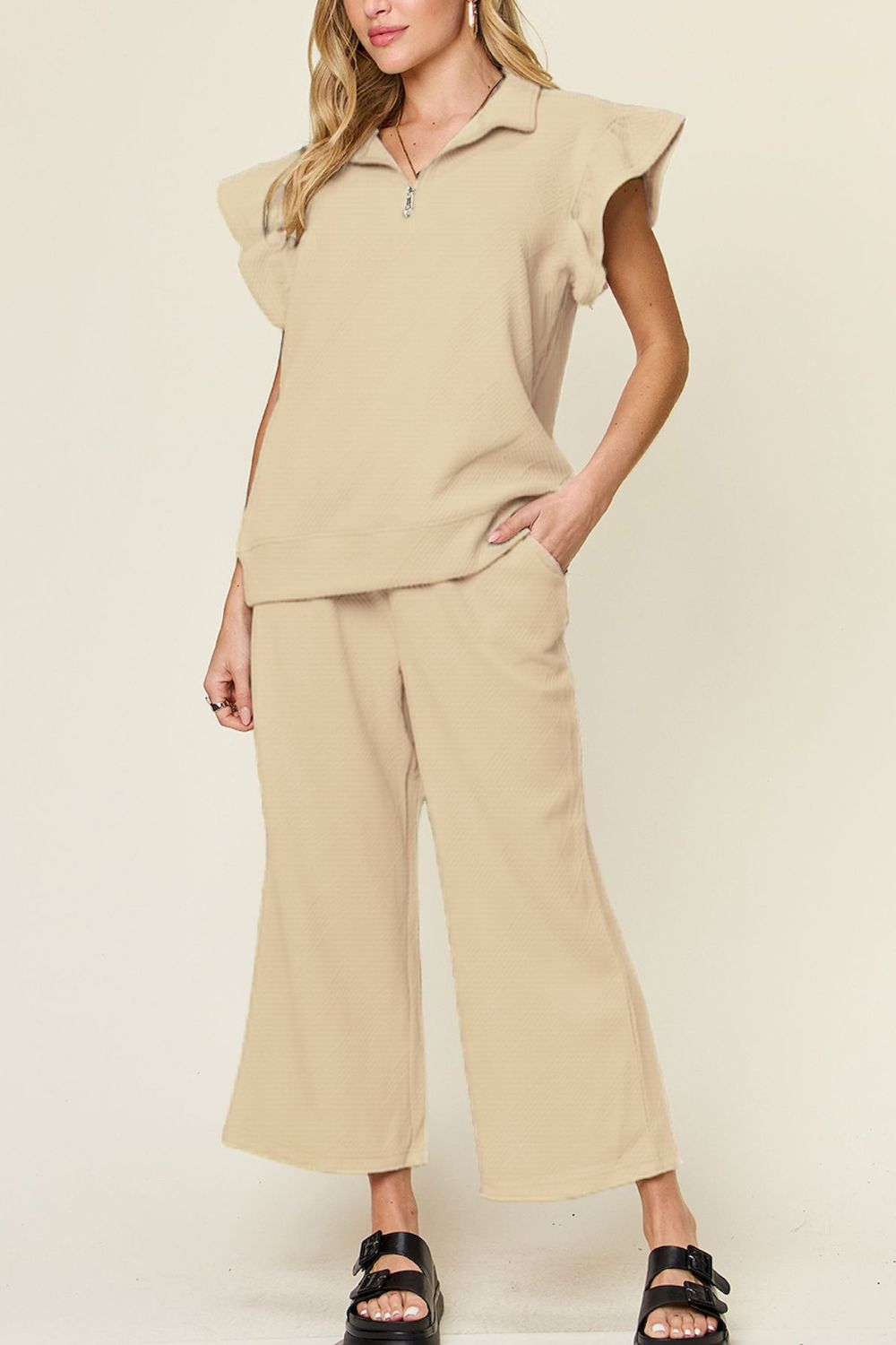 Textured Ruffle Short Sleeve Top and Drawstring Wide Leg Pants Set