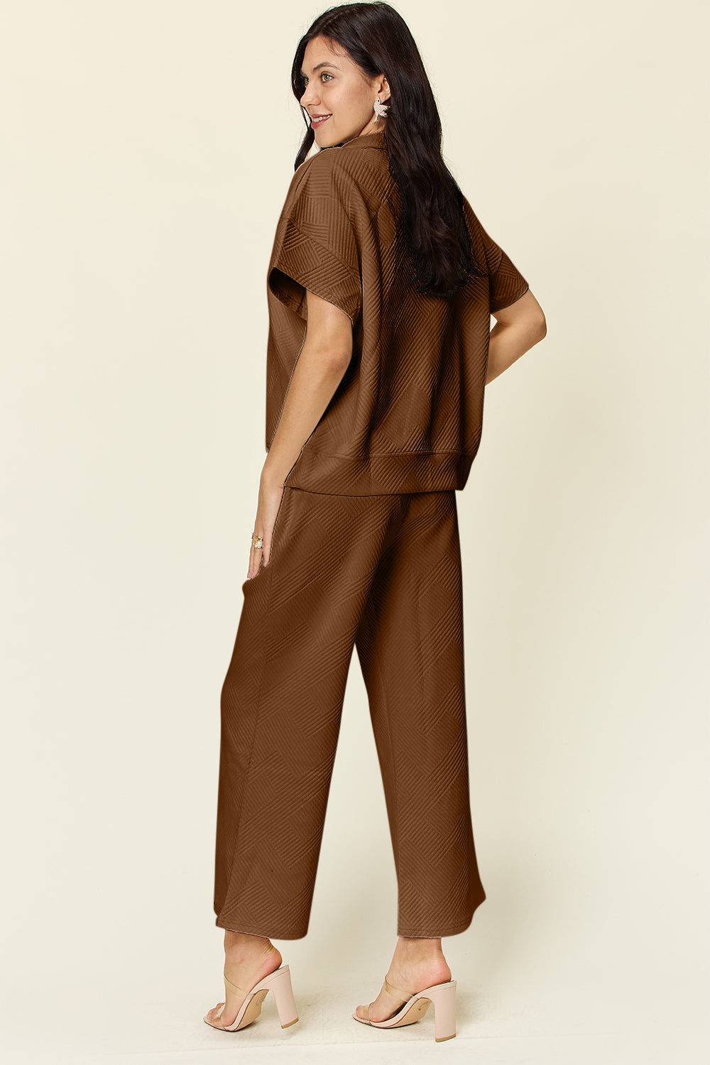Textured Half Zip Short Sleeve Top and Pants Set