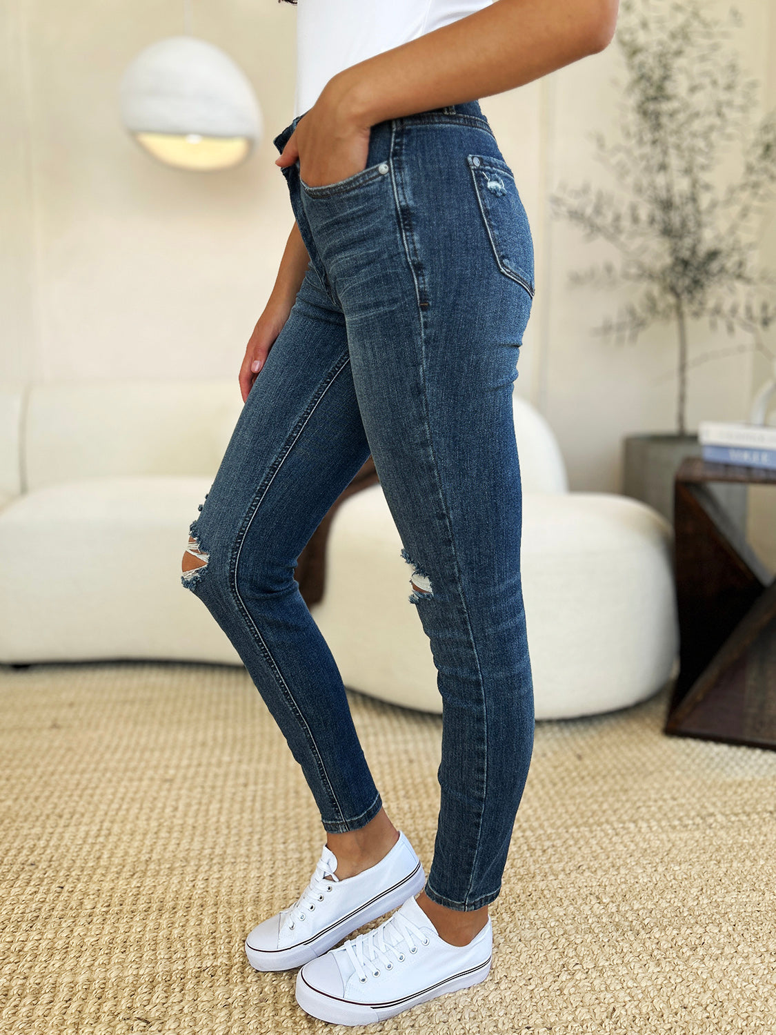 Mid Waist Distressed Slim Jeans