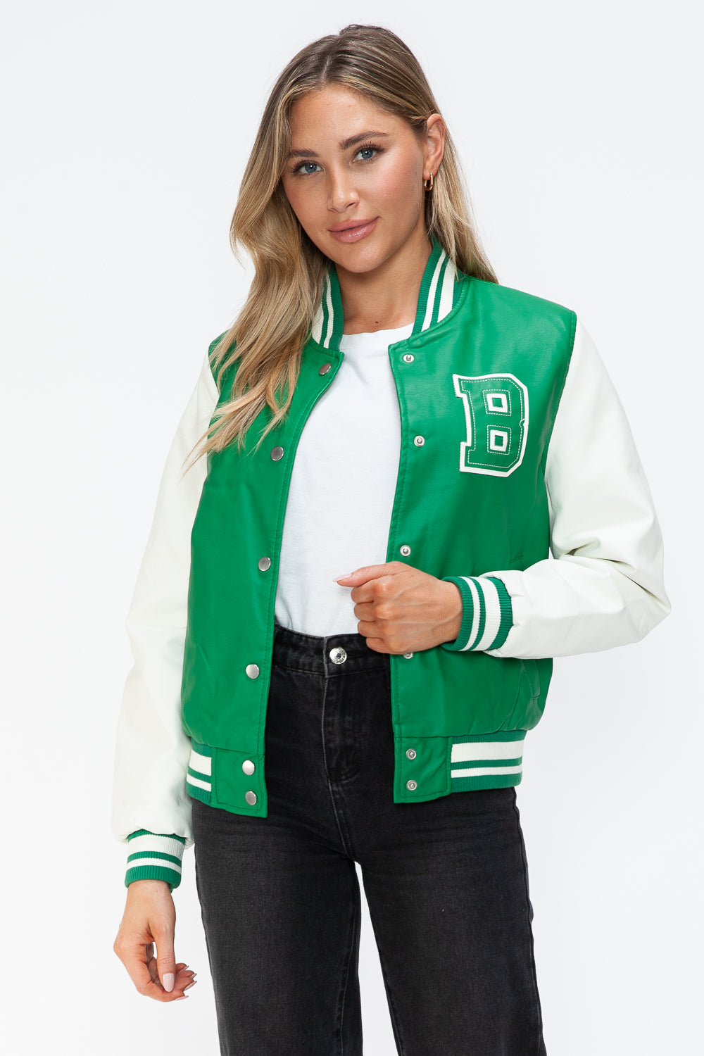PU Leather Contrast Snap Down Bomber Jacket
