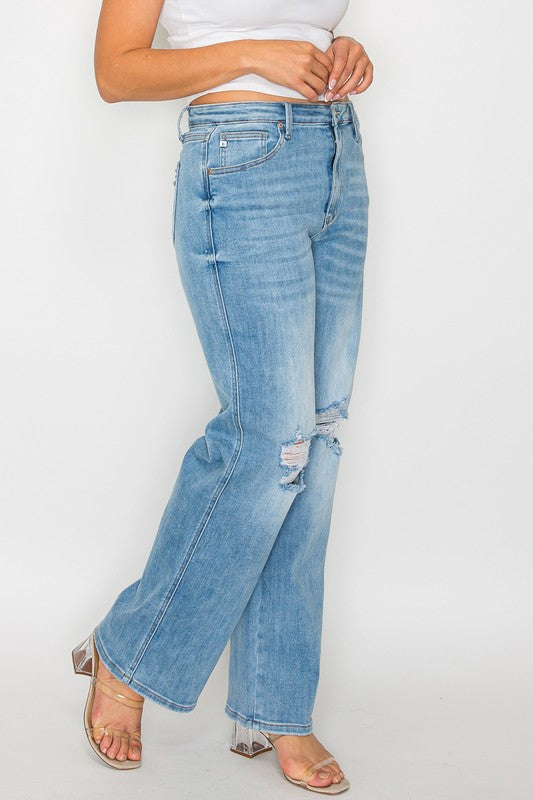 Distressed High Rise Straight Jeans