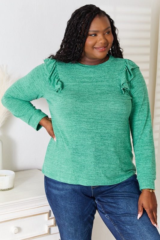 Ruffle Shoulder Long Sleeve Tops