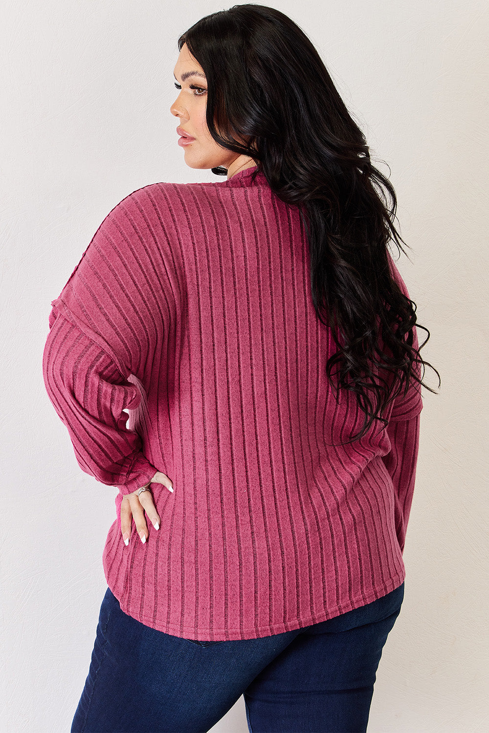 Ribbed Half Button Long Sleeve High-Low T-Shirt