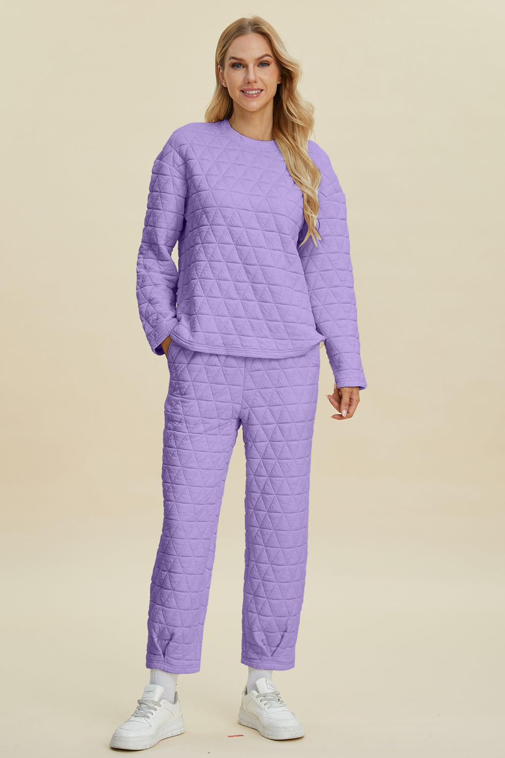 Textured Round Neck Long Sleeve Top and Pants Set