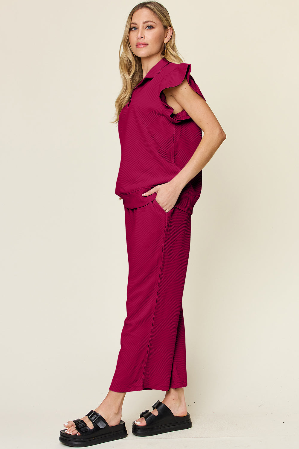 Textured Ruffle Short Sleeve Top and Drawstring Wide Leg Pants Set