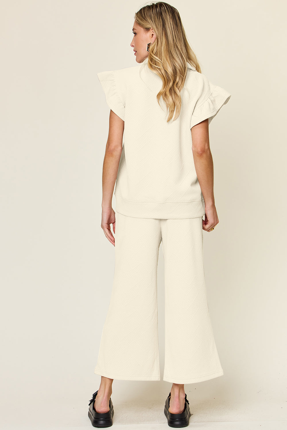 Textured Ruffle Short Sleeve Top and Drawstring Wide Leg Pants Set