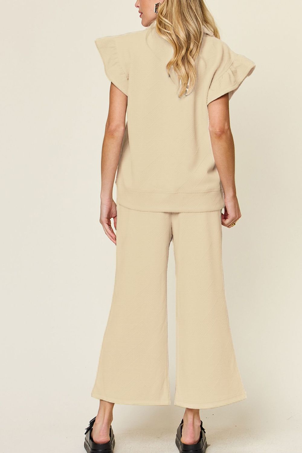 Textured Ruffle Short Sleeve Top and Drawstring Wide Leg Pants Set