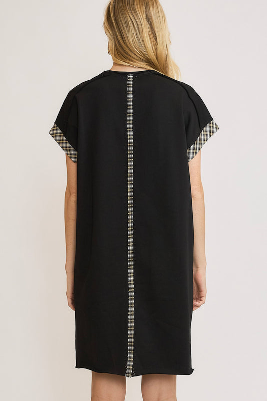 Peace Plaid Applique Short Sleeve Mini Dress