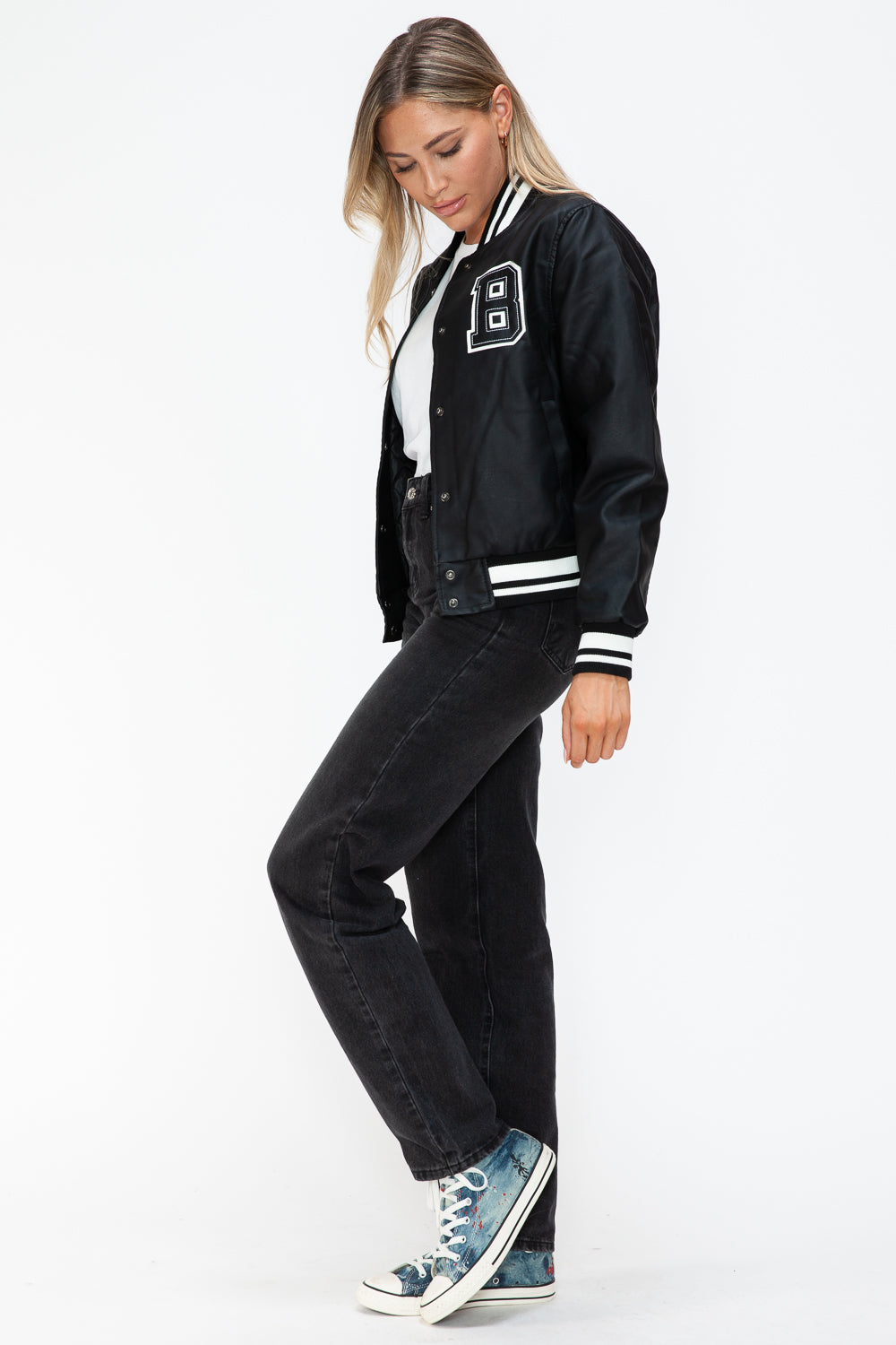 PU Leather Contrast Snap Down Bomber Jacket