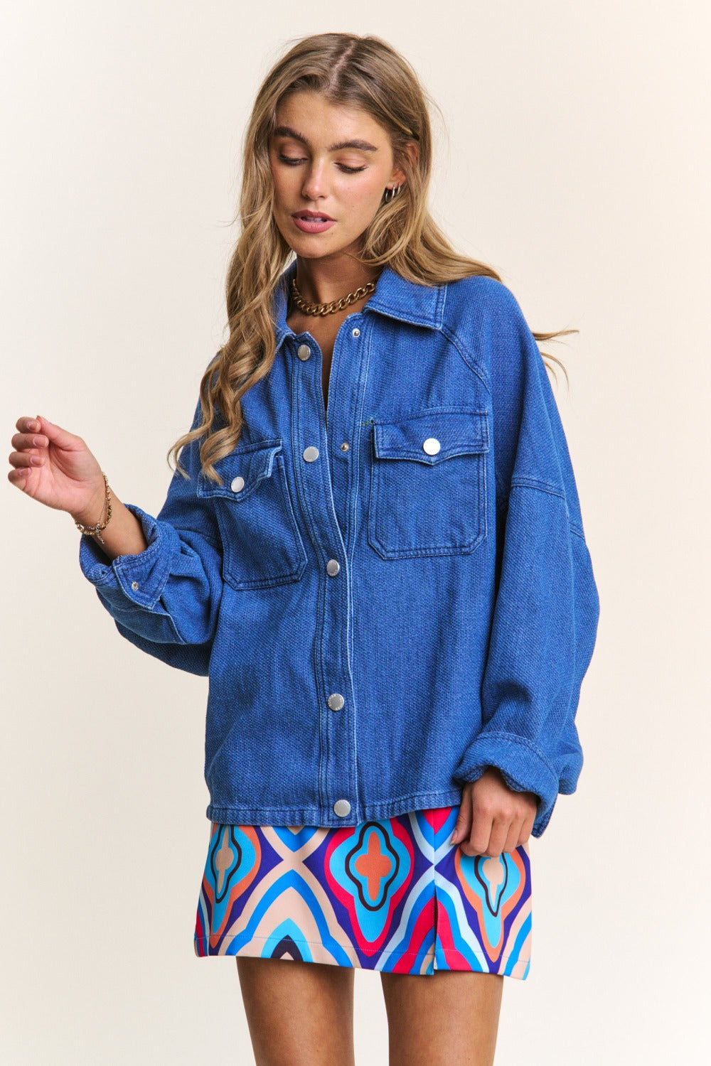 Snap Down Long Sleeve Denim"Shacket" Shirt Jacket